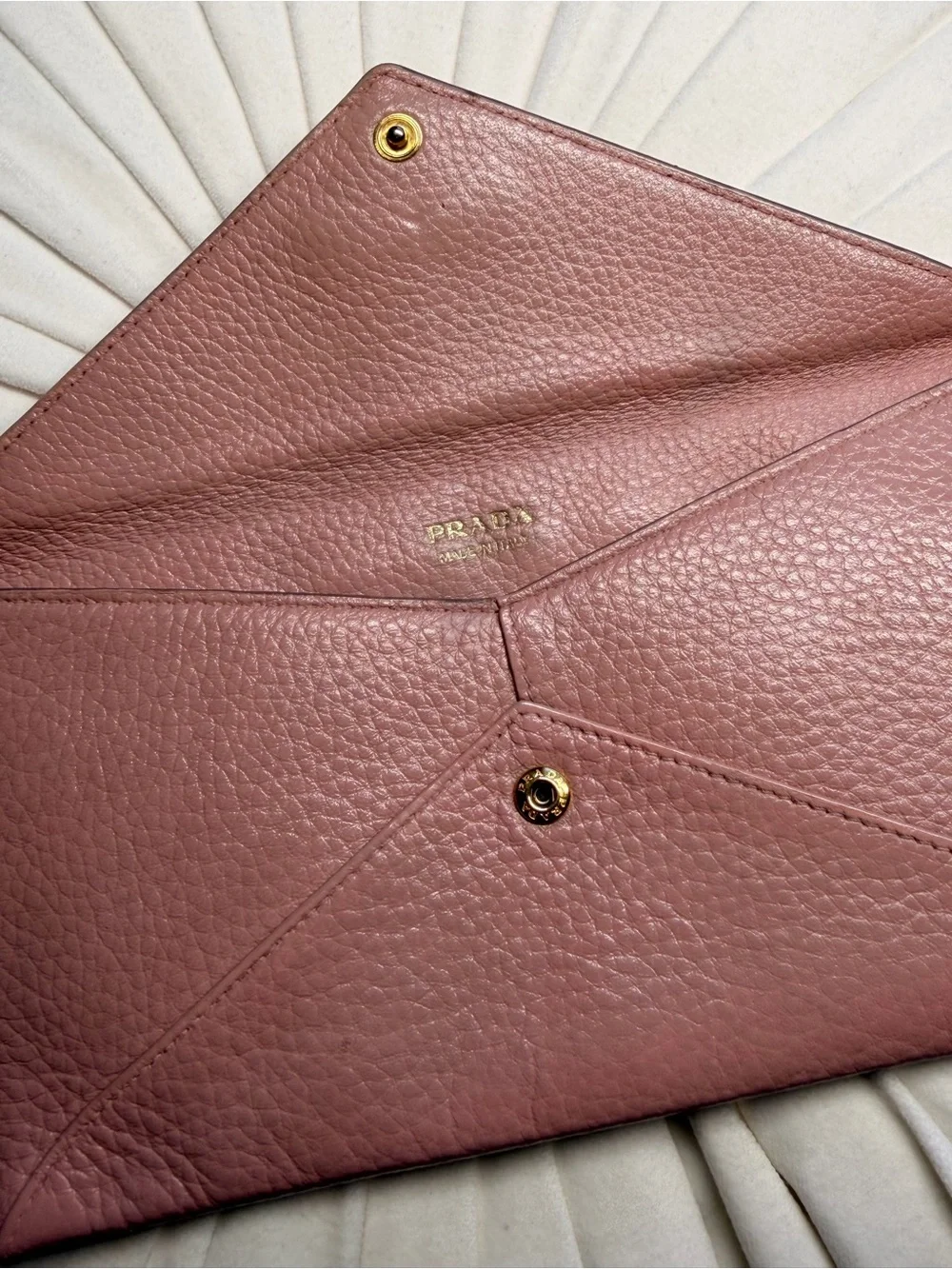 Prada Rose Pink Pebbled Leather Envelope Clutch with Gold Logo
